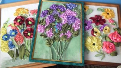 Купить Вышитая лентами картина Розы в саду | Skrami.ru