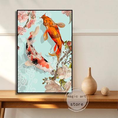 Винтажные японские карпы кои две японские рыбы Инь Ян кои, цветочные  волнистые художественные плакаты, Картина на холсте, настенные принты,  картина, домашний декор | AliExpress