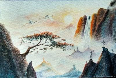 Нежная картина акварелью Сюжет с журавлями. Китайский пейзаж – заказать на  Ярмарке Мастеров – KI2TARU | Картины, Орел