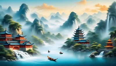 красивая китайская картина с храмом, 3d китайские картины, картина с горным  водопадом, тушь фон картинки и Фото для бесплатной загрузки