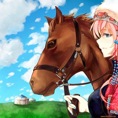 Картина в стиле аниме, изображающая женщину верхом на лошади с птицей в  руке, генеративный ии | Премиум Фото
