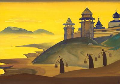Русско-индийский художник Николай Рерих (1874-1947). Королевский монастырь.  Тибет. Горный пейзаж, картина художника. Nikolay Roerich