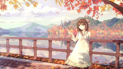 Обои девушка, очки, цветы, листья, осень, аниме картинки на рабочий стол,  фото скачать бесплатно