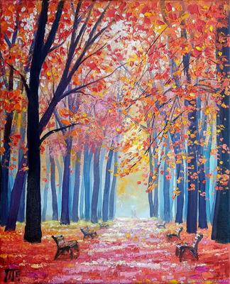 Картина Осенний пейзаж маслом \"Закат. Ступая тихо солнцу вслед…\" 60x90  AR190307 купить в Москве
