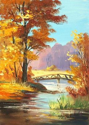 Картина Осенний пейзаж маслом \"Парковый пруд на закате\" 60x80 SK190716  купить в Москве