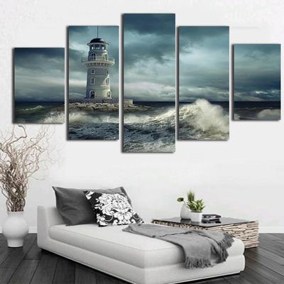 5 панельные картины с маяком, современный домашний декор, HD принты,  настенный художественный постер, облачность, грубая волна, морской пейзаж,  холст, живопись – лучшие товары в онлайн-магазине Джум Гик