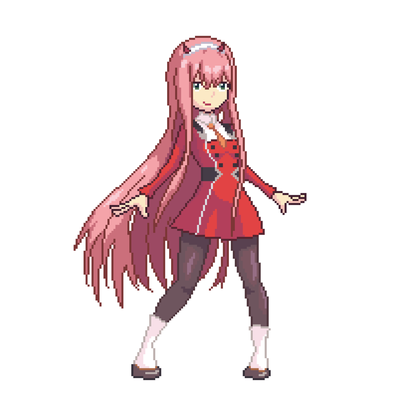 Pixel art of an anime girl with pink hair and green eyes on Craiyon