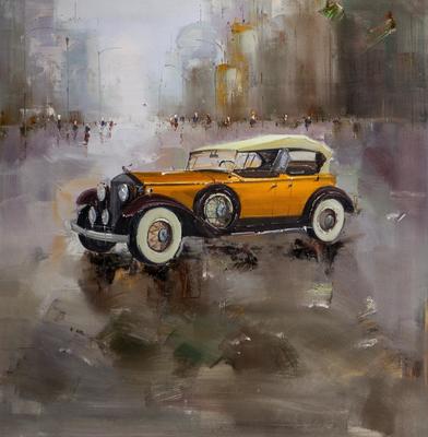 Картина маслом \"Ретро-автомобиль на фоне города\" | Пикабу