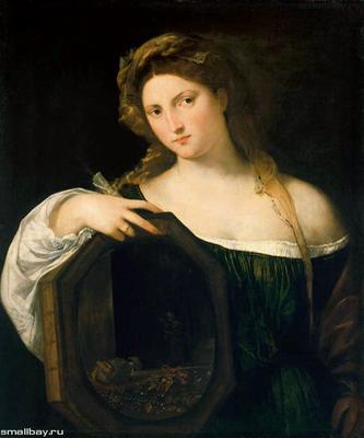 Портрет славянки. Живопись Тициана, картина женщины в красном платье и  барельефом, рисунки, фото