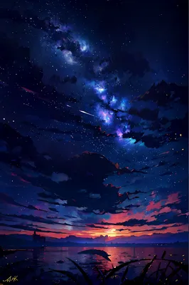 звездное ночное небо，моря，океан набухает，Кит，Фоном служит бесконечная  вселенная，Небо Вселенной。Звездное небо 8 К，спокойный вечер，аниме фоновое  искусство， 4k аниме обои， звездный свет， лунное звездное небо - SeaArt AI