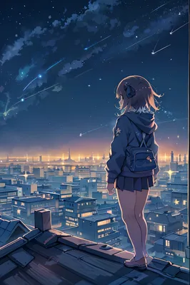 Девушка аниме стоит на крыше и смотрит на звезды и ночное небо, аниме обои  4k, аниме обои 4 k, 4k аниме обои, Аниме Арт Обои 8K - SeaArt AI